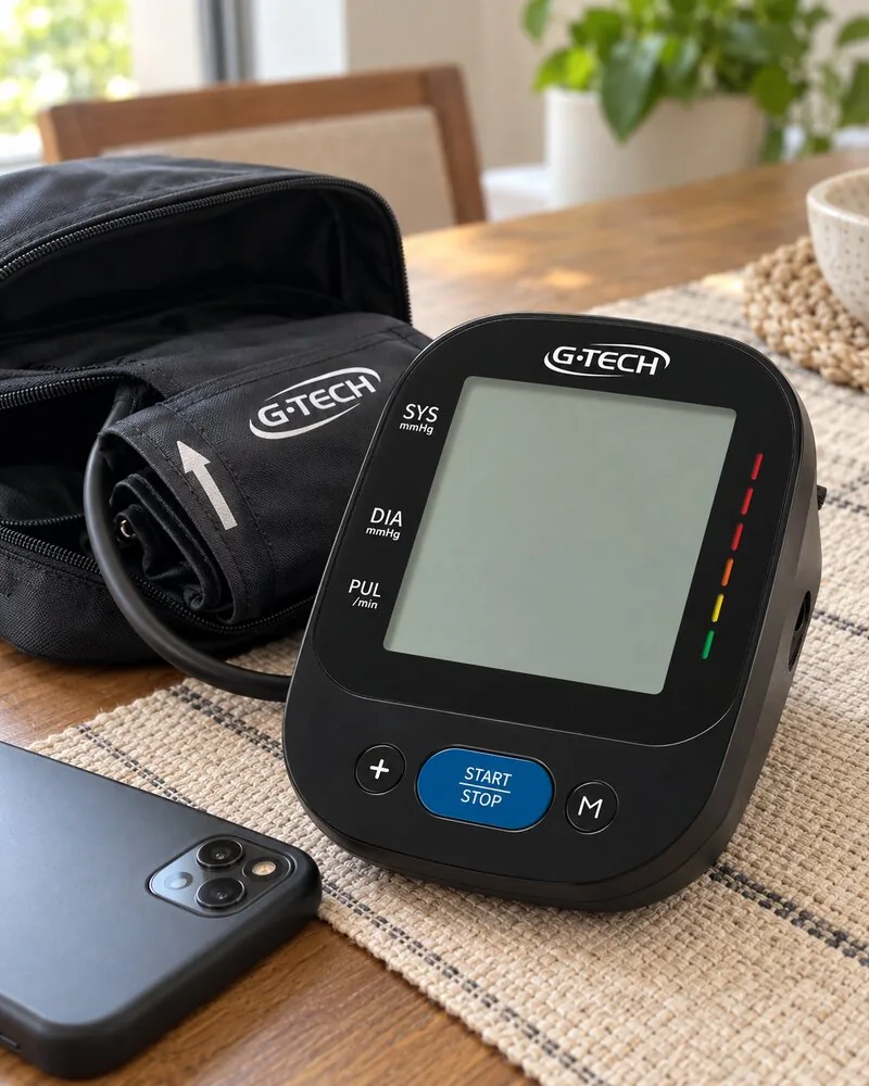 G-Tech LA850BT preto na mesa de jantar, com a bolsa aberta e o celular ao lado