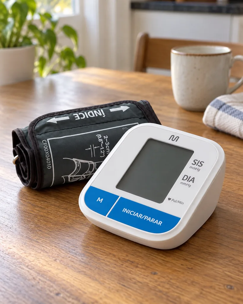 Medidor Multilaser HC206 na mesa da cozinha, com a braçadeira enrolada ao lado