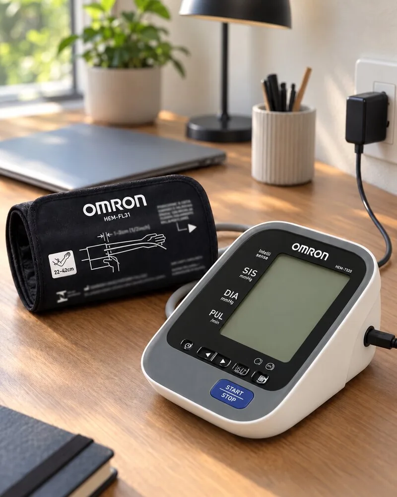 Omron HEM-7320 ligado na tomada pela fonte, numa mesa de escritório de casa
